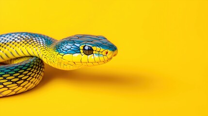 Colorful Snake on Bright Yellow Background with Detailed Scales