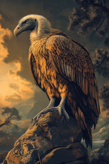 Fototapeta premium Digital Illustration of a Vulture Perched on a Bare Tree Branch Against a Stunning Sunrise or Sunset Sky with Orange and Yellow Hues – A Serene and Peaceful Wildlife Scene
