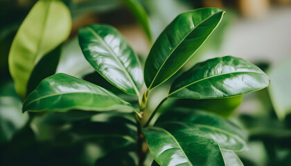 Obraz premium Lush green leaves of a tropical plant, close-up shot showcasing vibrant texture and color. Perfect for nature, botany, or wellness themes.