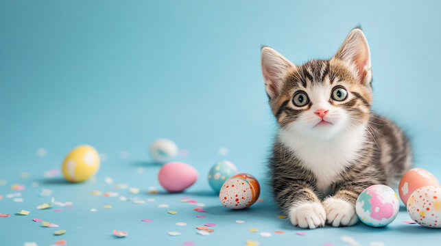 Adorable kitten posing with colorful easter eggs and confetti cat pet fun cute baby blue happy sweet