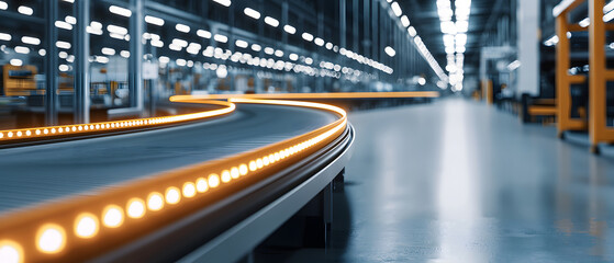wide shot of empty curved conveyor belt in spacious industrial setting, illuminated by bright lights, creating sense of motion and efficiency