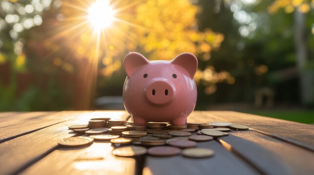 Piggy bank surrounded by scattered coins symbolizes saving and financial growth.

