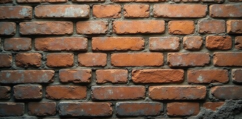Obraz premium Timeworn brick wall, uneven mortar, mottled hues, mortar, building exterior, orange brick