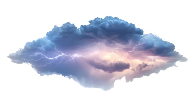 heavy thunderstorm clouds with intense lightning illuminating the sky isolated on white background.