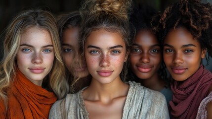 Obraz premium portrait of group of multiethnic young people standing together and looking at camera