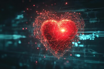 A 3D illustration of a glowing red heart made of geometric polygons, surrounded by futuristic digital effects.