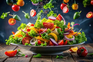 Architecturally composed, vibrant vegetable salad photography showcases fresh, colorful ingredients.