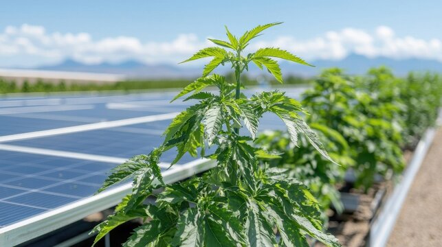 Hemp plants growing near solar panels