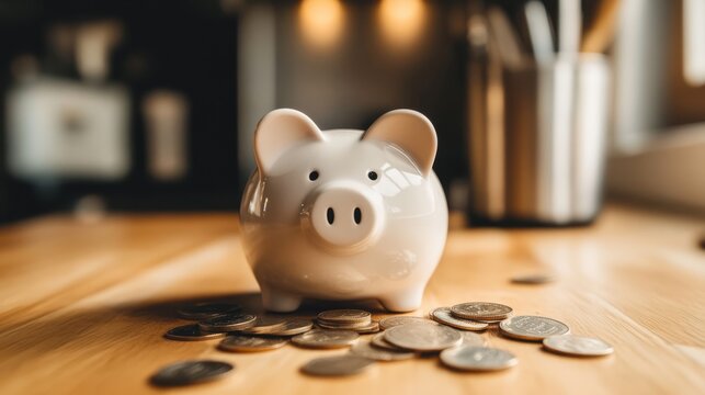 Piggy bank surrounded by scattered coins symbolizes saving and financial growth.
