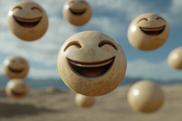 A 3D render of bouncing, smiling emoticons floating freely in mid-air with soft shadows underneath.