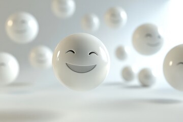 A 3D render of bouncing, smiling emoticons floating freely in mid-air with soft shadows underneath.