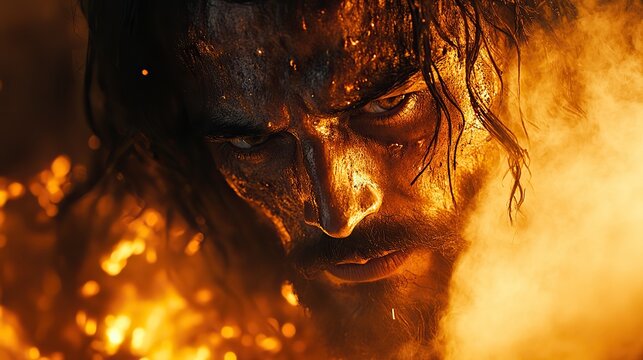 portrait of jesus in the smoke and fire