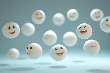 A 3D render of bouncing, smiling emoticons floating freely in mid-air with soft shadows underneath.