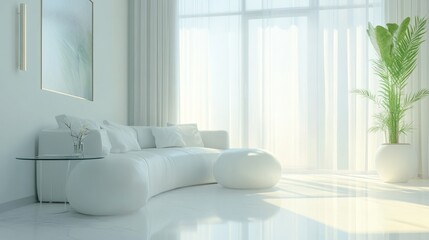 Modern minimalist living room with natural light and plants