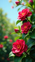Vibrant red camellia blooms, lush green foliage, clear blue spring sky , red, green