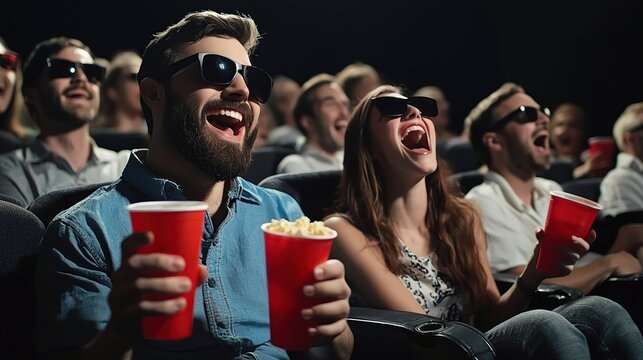 Group of people in the cinema enjoying an exciting movie with 3D effects. Man with beard holding popcorn bucket and woman laughing with red drink cups, casual audience having fun.