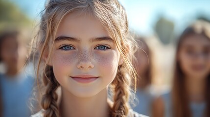 Fototapeta premium portrait of young girl looking at camera with friends in background