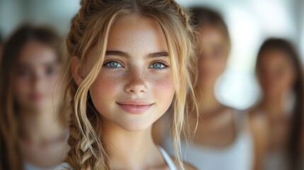 Fototapeta premium portrait of young girl looking at camera with friends in background