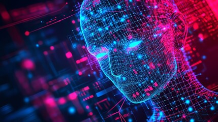 A futuristic AI holographic face with glowing data points, wireframe, and neural networks. Neon cyberpunk lighting, symbolizing advanced tech and innovation