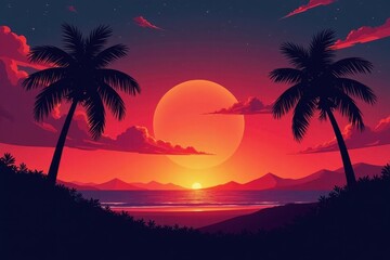 Dark palm tree silhouettes, fiery sunset hues , relaxing, tropical, horizon