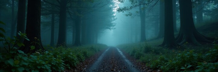 Fototapeta premium Gloomy forest path, shrouded in mist and shadows, twilight, dusk, fog