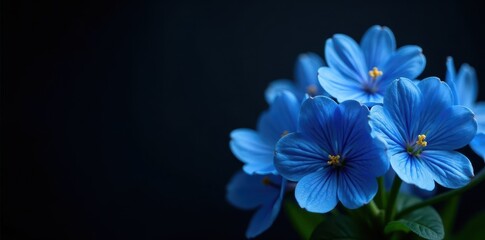 Vivid blue flowers, lush bouquet, dramatic black backdrop, stem, shadow, studio