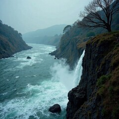 The steep bank of a stormy river