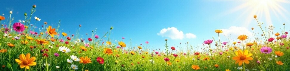 Sun-drenched meadow, vibrant wildflowers, azure sky, summer day, wallpaper, rural