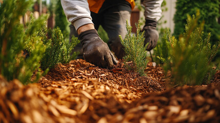 Fototapeta premium Gardener planting evergreen trees in brown mulch landscape soil wood work farm hands earth hobby