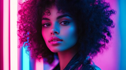 Fototapeta premium Neon Glow Portrait Of A Gorgeous Young Woman. Fashion, Beauty.