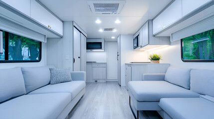 Modern Minimalist RV Interior Design with White and Gray Sofas