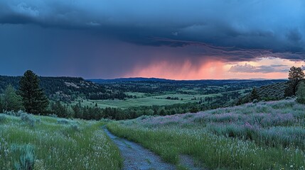 Sunset storm over a grassy valley with a dirt road.