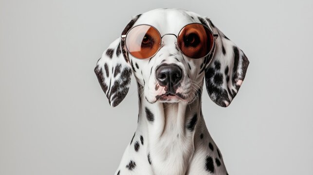 Dalmatians dog wearing round sunglasses, set against a vibrant, white backdrop; showcasing intricate details of its plumage and a focused, almost inquisitive expression.