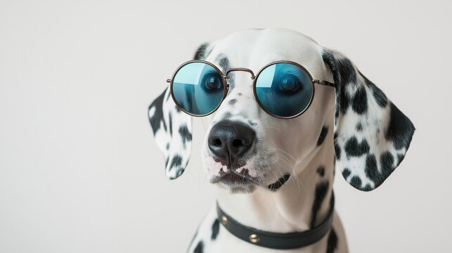 Dalmatians dog wearing round sunglasses, set against a vibrant, white backdrop; showcasing intricate details of its plumage and a focused, almost inquisitive expression.