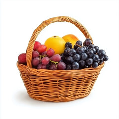 
basket bamboo texture filled with fruits isolated on a white background.