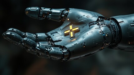 robot hand holding a cross on a gray background