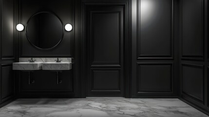 Elegant black bathroom interior with marble sinks and mirror