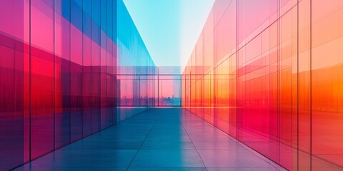 Corridor with vibrant glass panels reflecting light and urban skyline