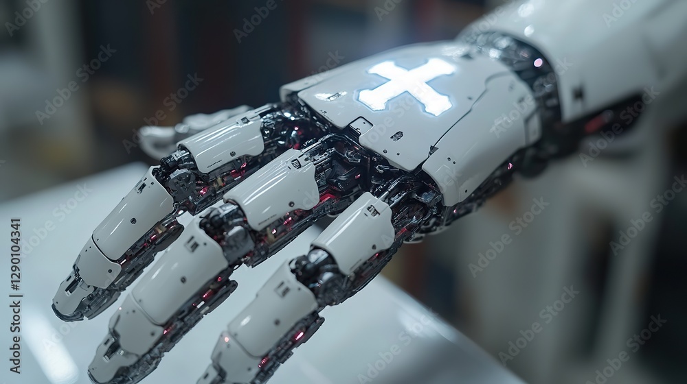 Poster robot hand with christian cross on white background