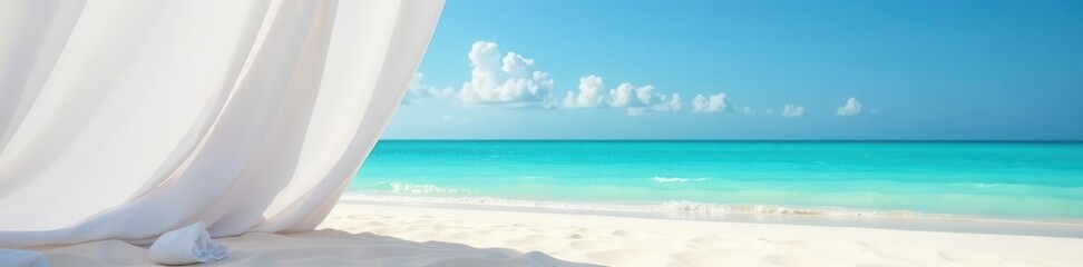 Obraz premium White linen drapes over sandy beach, turquoise sea, azure sky , sea, turquoise