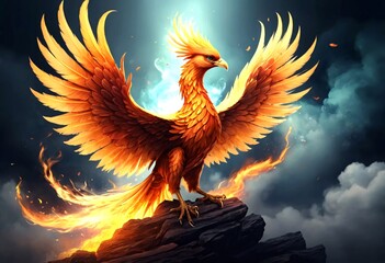 Majestic Phoenix Bird Soaring on a Rocky Crest. A magnificent phoenix fiery orange in color with outstretched wings and a tail ablaze with flames perched atop a dark rocky outcrop on a dramatic sky