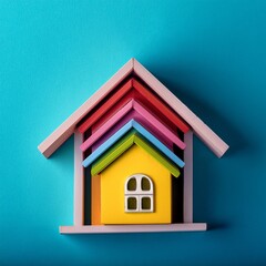 Colorful miniature house, Vibrant yellow facade, Pink roof, Multicolored stripes,