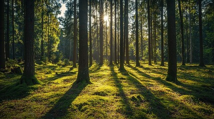 Obraz premium Sunlit Forest Moss, Trees, Shadows