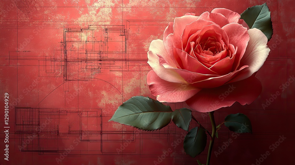 Aufkleber rose flower design on a red background with architectural blueprint elements symbolizing growth and innovation in technology engineering or architecture