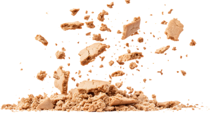 pile of cookie fragments and cake crumbs breaking apart mid-air isolated on white background