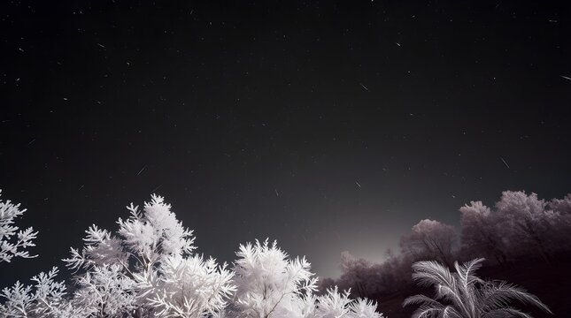 LLUVIA DE METEOROS EN EL CIELO, infrared tones, otherworldly appearance, strong contrasts, deep shadows, chiaroscuro lighting