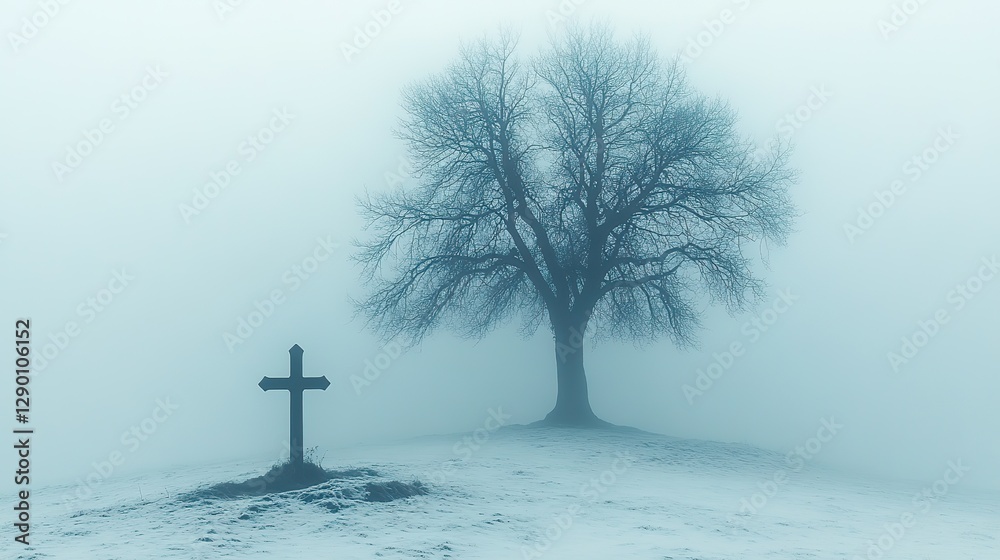 Poster sacred silence leafless tree beside a christian cross stark serene misty background abstract minimal