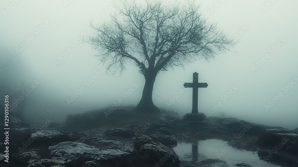 Poster sacred silence leafless tree beside a christian cross stark serene misty background abstract minimal