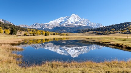 Mountain lake reflection, autumn foliage, clear sky, peaceful landscape, nature photography