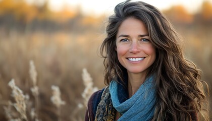 Naklejka premium Woman smiling autumn field portrait